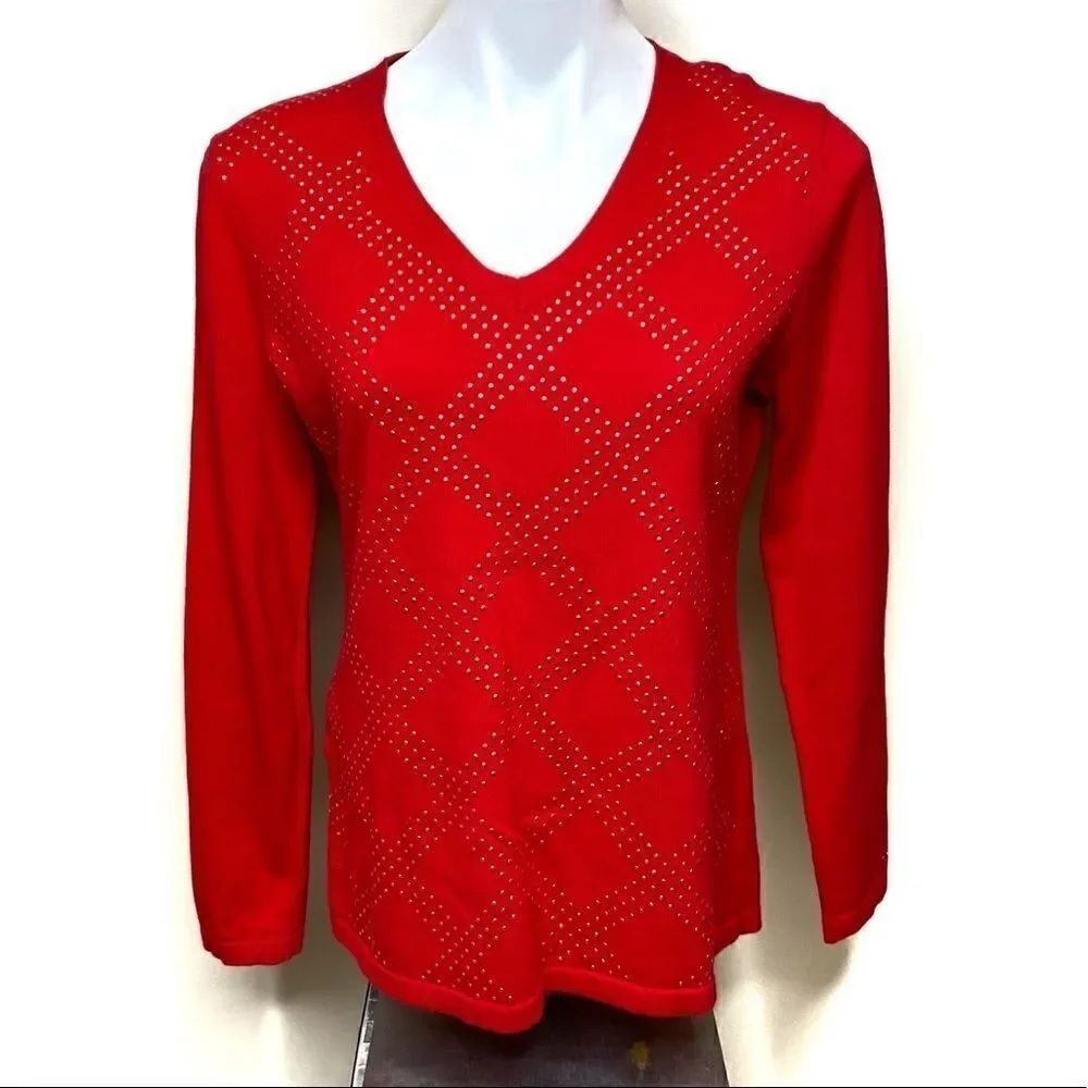 Tommy Hilfiger red and gold studded v-neck sweater size M